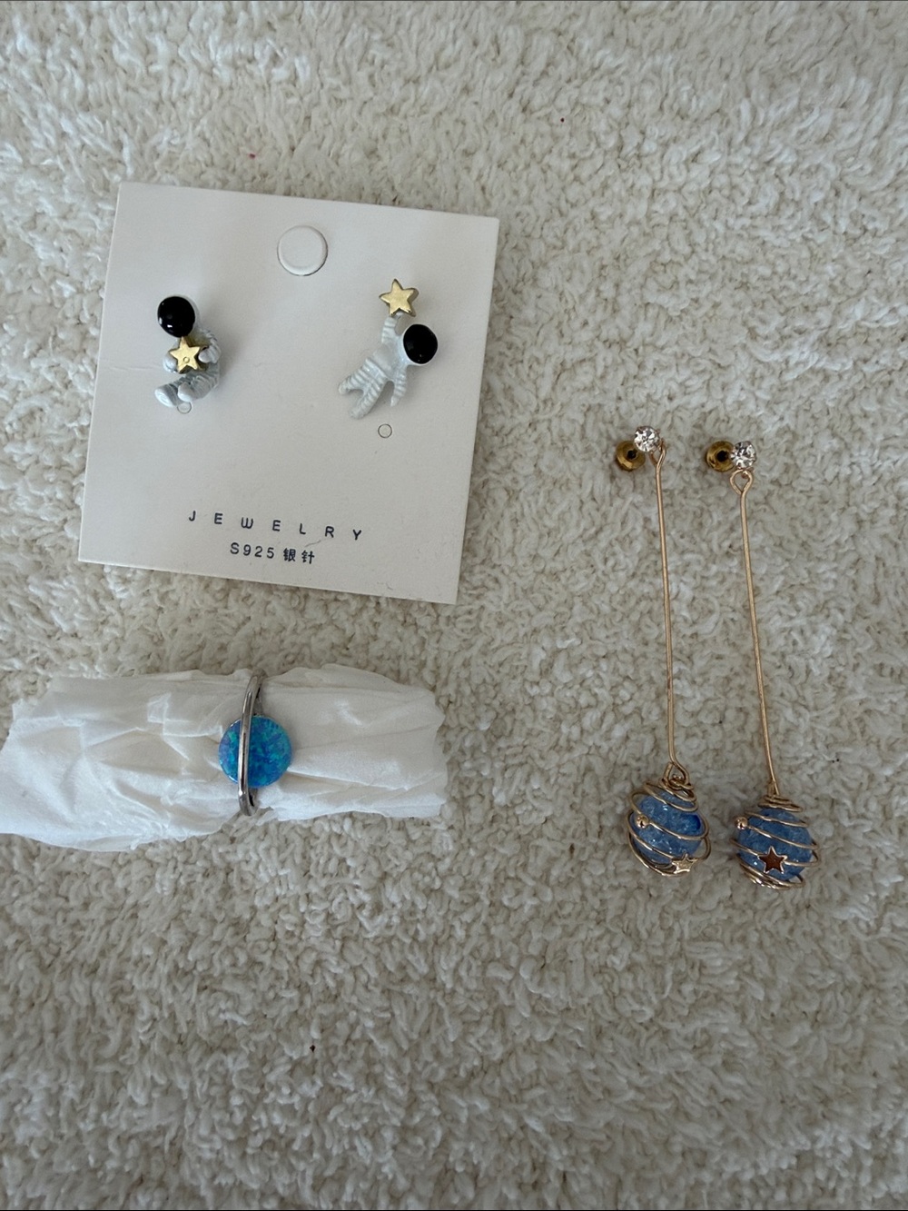 Space themed set of 2 earrings and a ring
